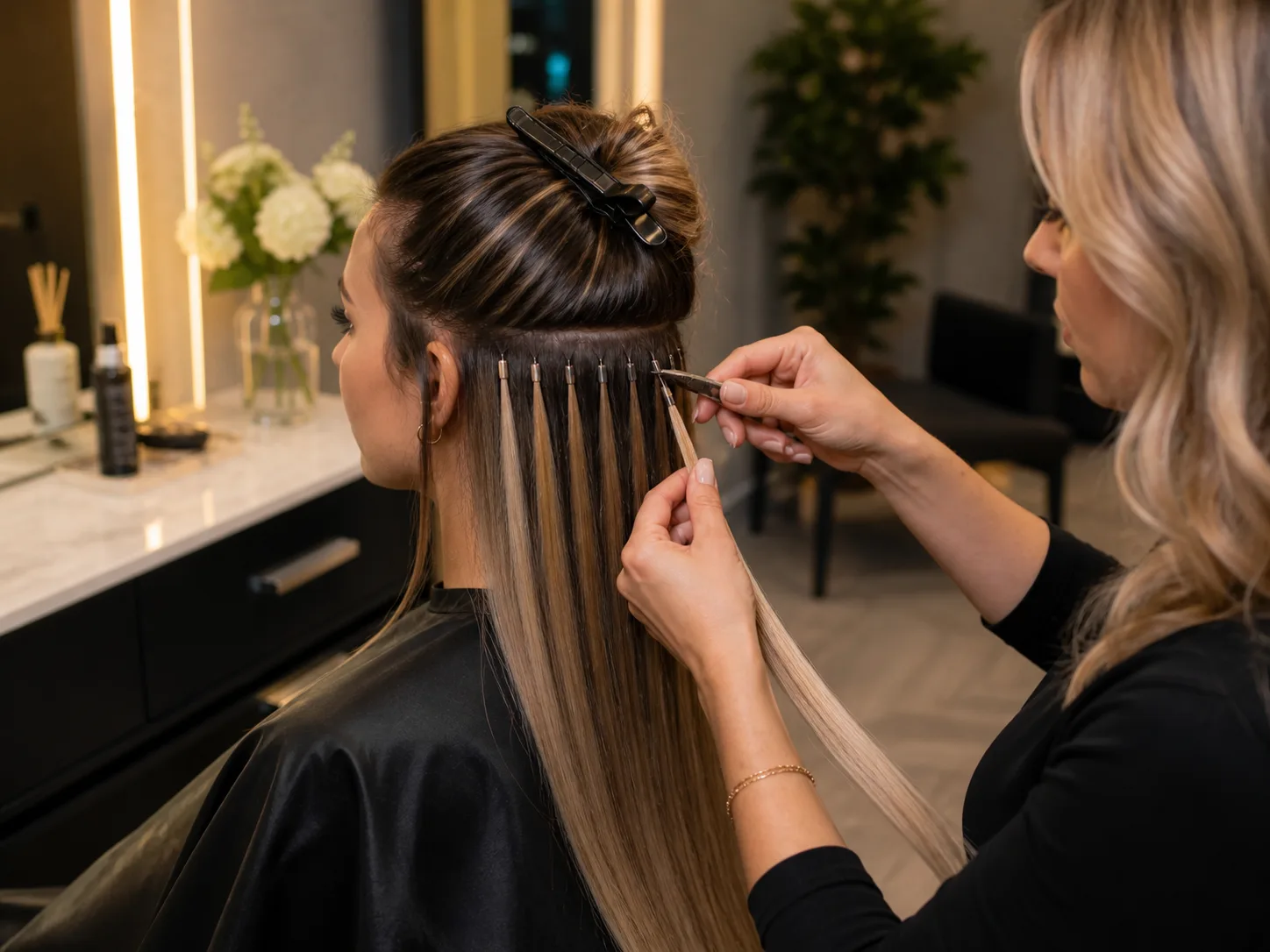 Keratin-Bondings – Stylistin setzt Einzelsträhnen ein