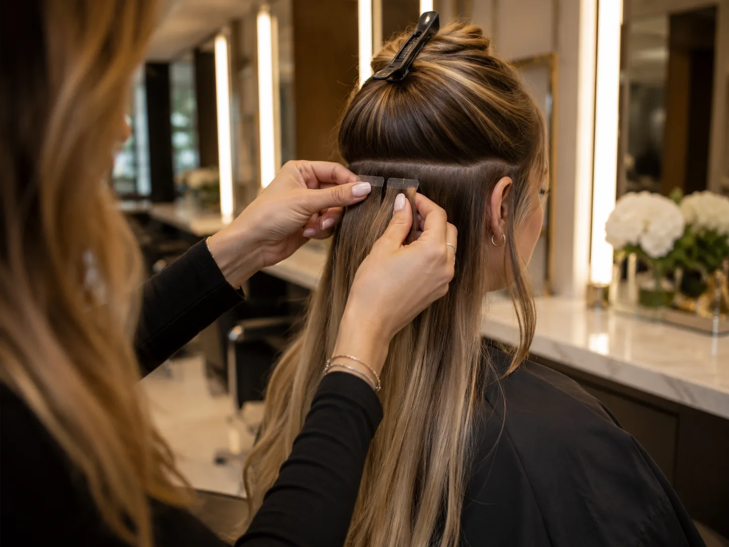 Tape-In Extensions – Stylistin befestigt Klebestreifen am Haar