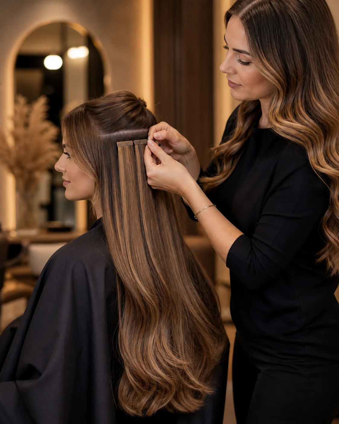 Friseurin legt Tape-In Extensions bei einer Kundin an